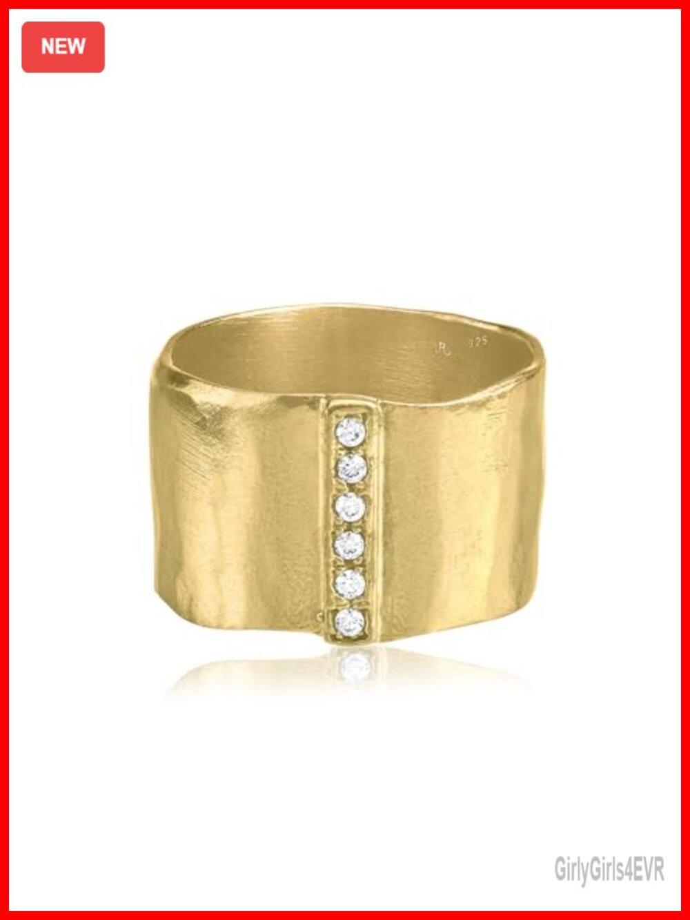 14K Gold Plated Sterling Silver Wide Band Hammered CZ Statement Ring